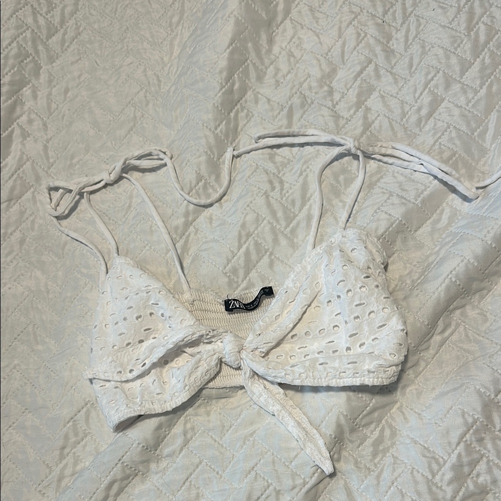 Zara White Eyelet Tie-Front Top